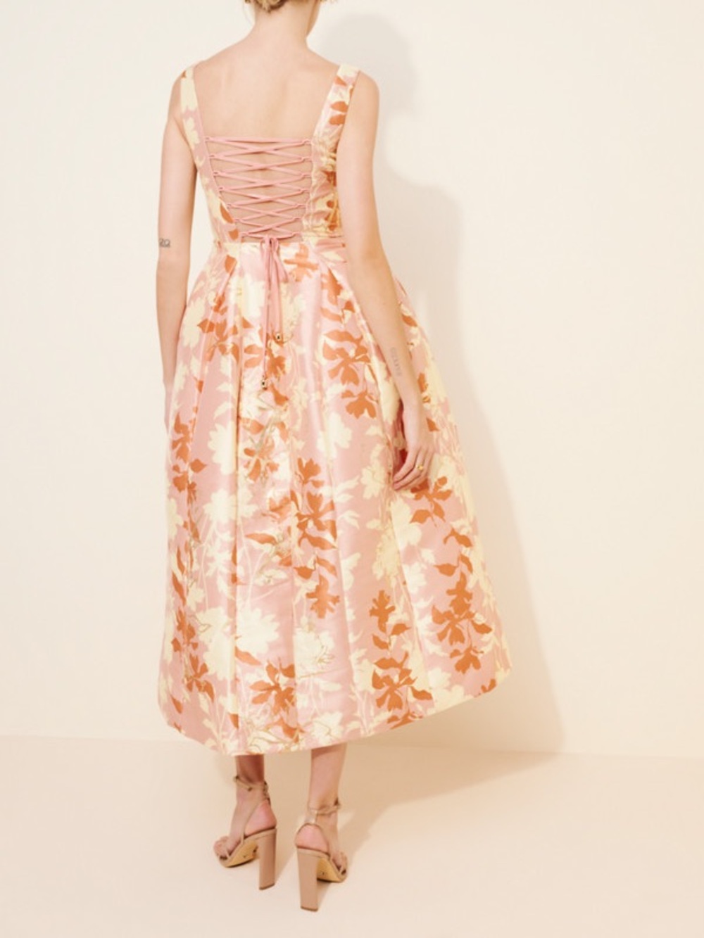 BHLDN Pink Floral Square Neck Lace Up Fit & Flare Midi Dress L - Picture 3 of 16